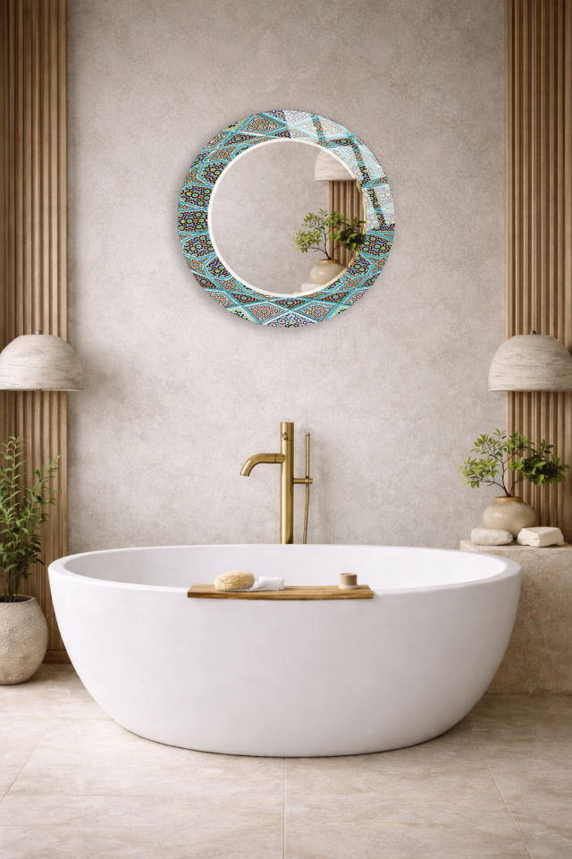 HEM TABLO HEM AYNA TURKUAZ İSLAMİ GEOMETRİK MOZAIK DESEN CAM DUVAR AYNASI EV DEKORU