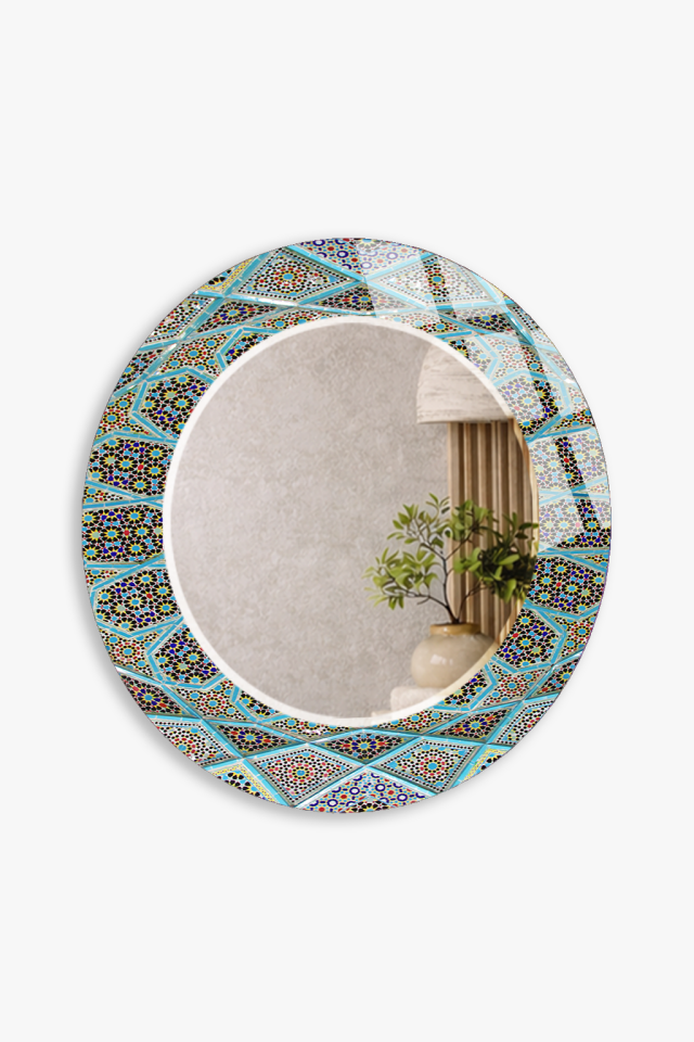 HEM TABLO HEM AYNA TURKUAZ İSLAMİ GEOMETRİK MOZAIK DESEN CAM DUVAR AYNASI EV DEKORU