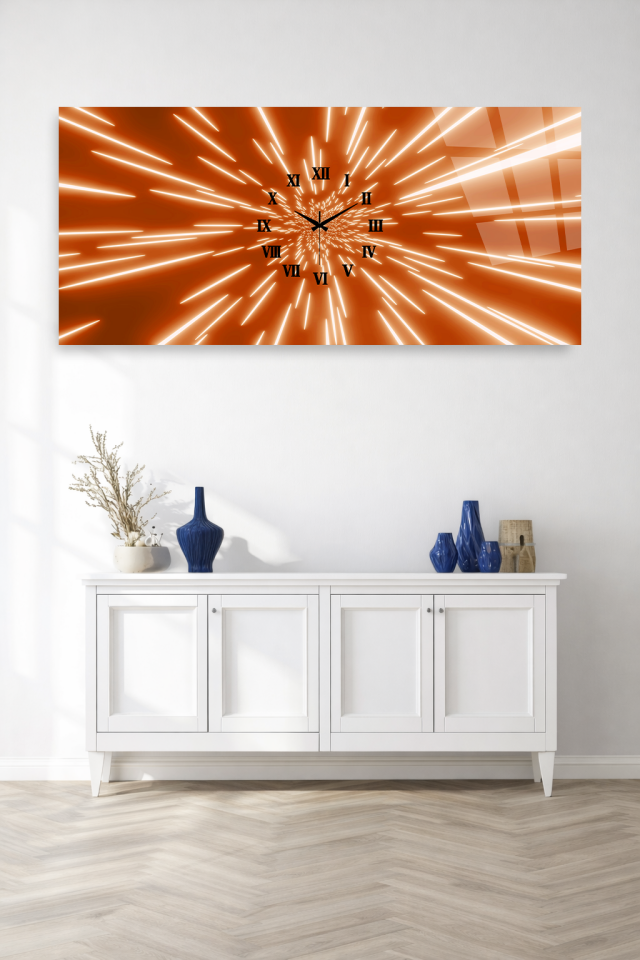 KIRILMAZ CAM DUVAR SAATİ , HEM TABLO HEM SAAT TURUNCU IŞIN EFEKTLİ MODERN EV OFİS HEDİYESİ