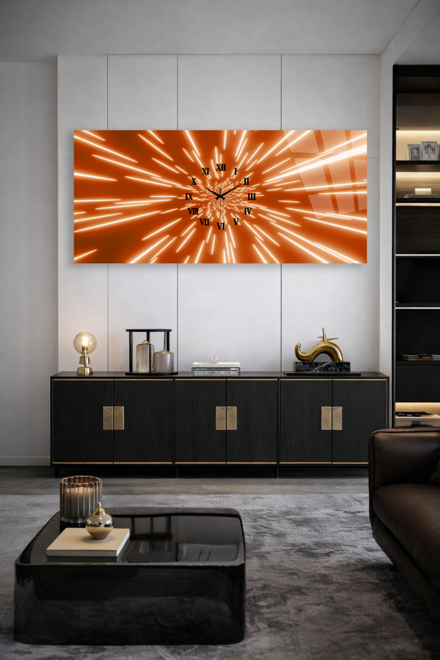 KIRILMAZ CAM DUVAR SAATİ , HEM TABLO HEM SAAT TURUNCU IŞIN EFEKTLİ MODERN EV OFİS HEDİYESİ