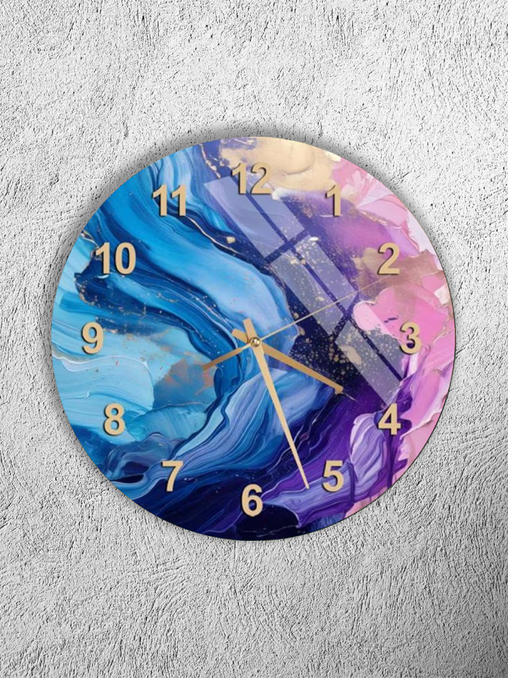 KIRILMAZ CAM DUVAR SAATİ, HEM TABLO HEM SAAT MAVİ MOR SOYUT MERMER SANATSAL EV OFİS HEDİYESİ