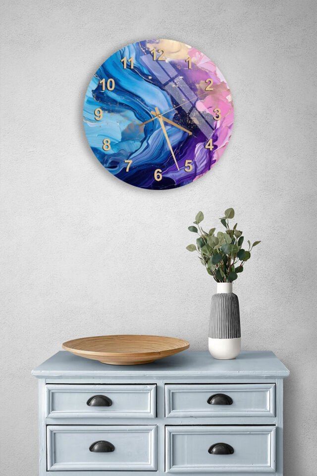 KIRILMAZ CAM DUVAR SAATİ, HEM TABLO HEM SAAT MAVİ MOR SOYUT MERMER SANATSAL EV OFİS HEDİYESİ