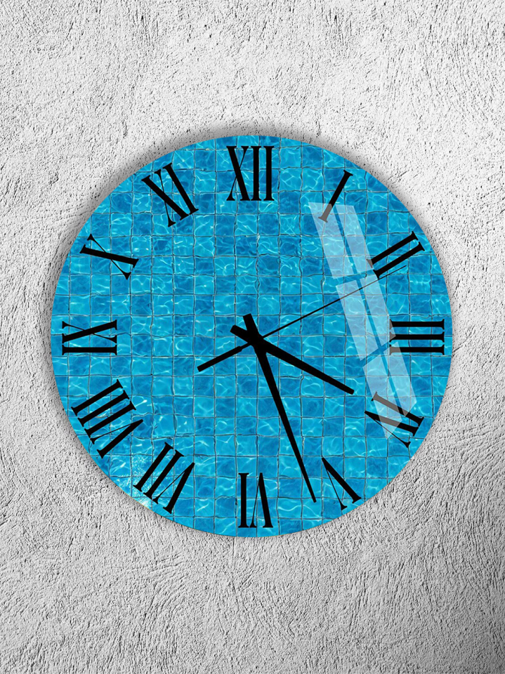 KIRILMAZ CAM DUVAR SAATİ, HEM TABLO HEM SAAT MAVİ HAVUZ SERAMİK DOKU EV OFİS HEDİYESİ