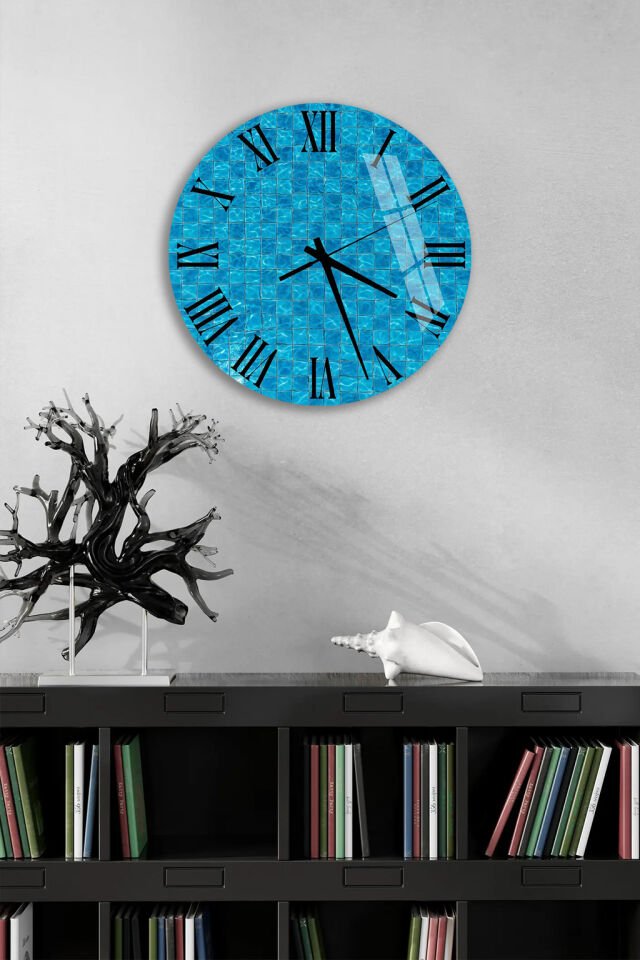 KIRILMAZ CAM DUVAR SAATİ, HEM TABLO HEM SAAT MAVİ HAVUZ SERAMİK DOKU EV OFİS HEDİYESİ