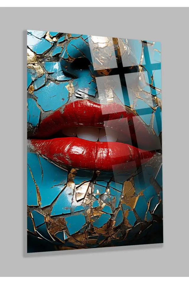 Kadın Dudağı Kırık Görünümlü 4mm Lüks Kırılmaz Temperli Yüksek Çözünürlüklü Cam Tablo