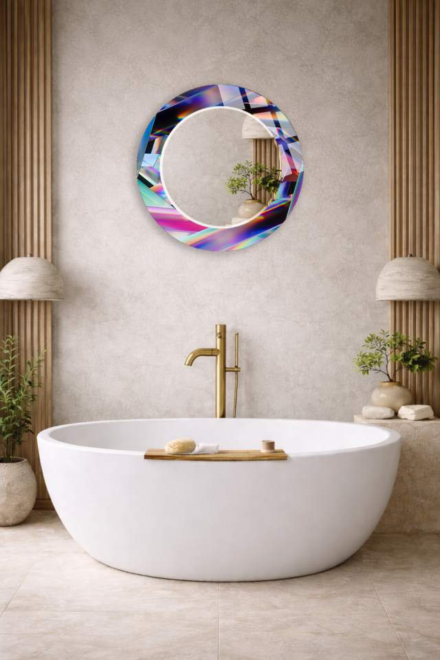 HEM TABLO HEM AYNA HOLOGRAFİK PRİZMATİK IŞIK DESEN CAM DUVAR AYNASI EV DEKORU