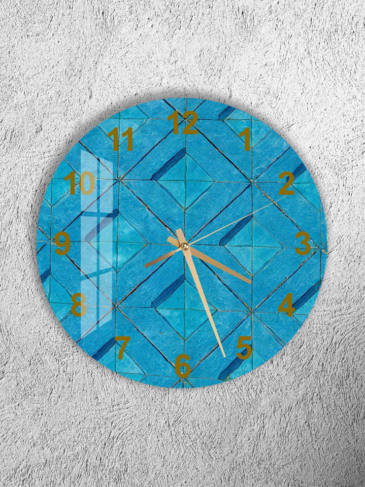 KIRILMAZ CAM DUVAR SAATİ, HEM TABLO HEM SAAT TURKUAZ GEOMETRİK SERAMİK DESEN EV OFİS HEDİYESİ 119.