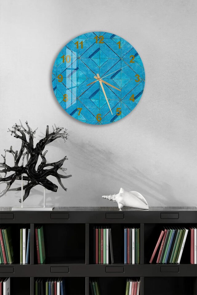 KIRILMAZ CAM DUVAR SAATİ, HEM TABLO HEM SAAT TURKUAZ GEOMETRİK SERAMİK DESEN EV OFİS HEDİYESİ 119.