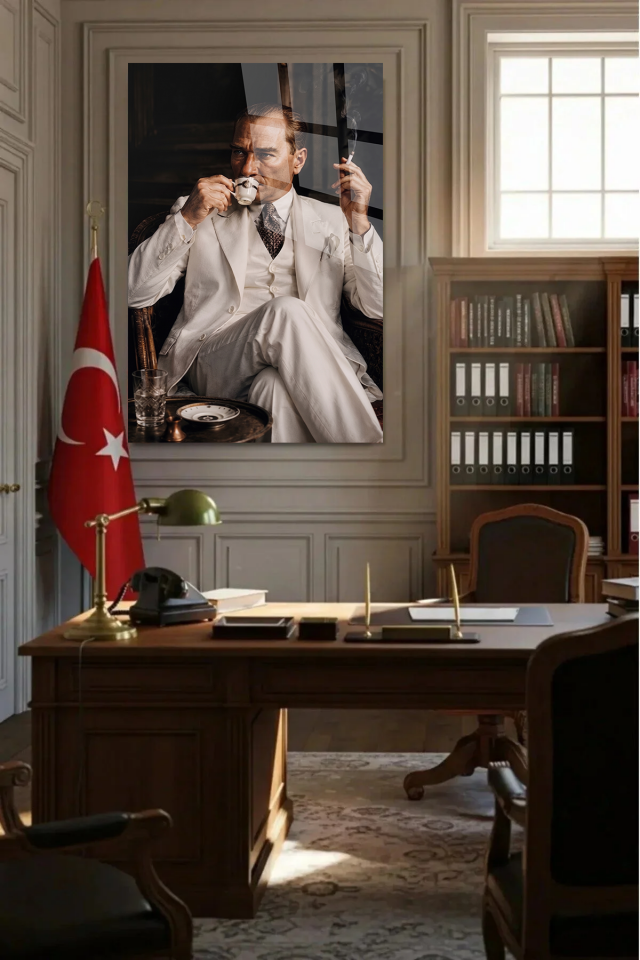 ATATÜRK BEYAZ TAKIM ELBİSELİ DEKORATİF CAM TABLO OFİS HEDİYESİ
