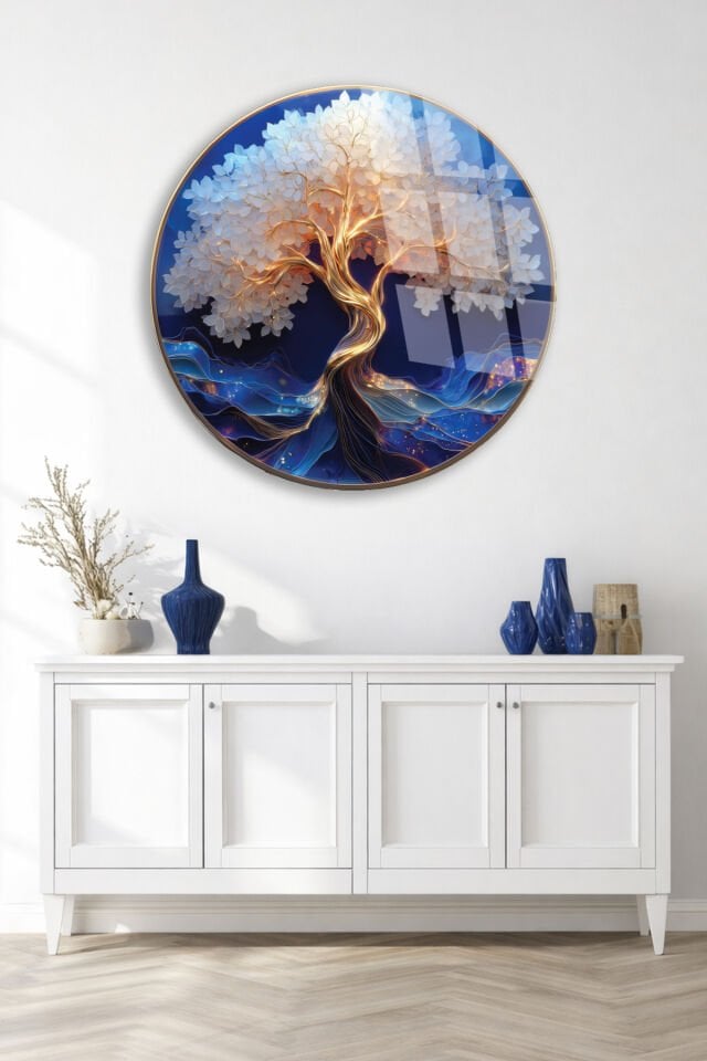 SOYUT HAYAT AĞACI BEYAZ YAPRAKLI KIRILMAZ CAM TABLO Lacivert