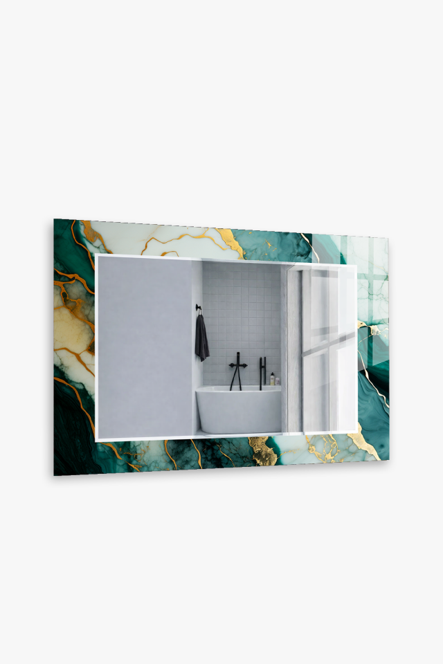 HEM TABLO HEM AYNA TURKUAZ MERMER ALTIN DAMAR CAM DUVAR AYNASI EV DEKORU