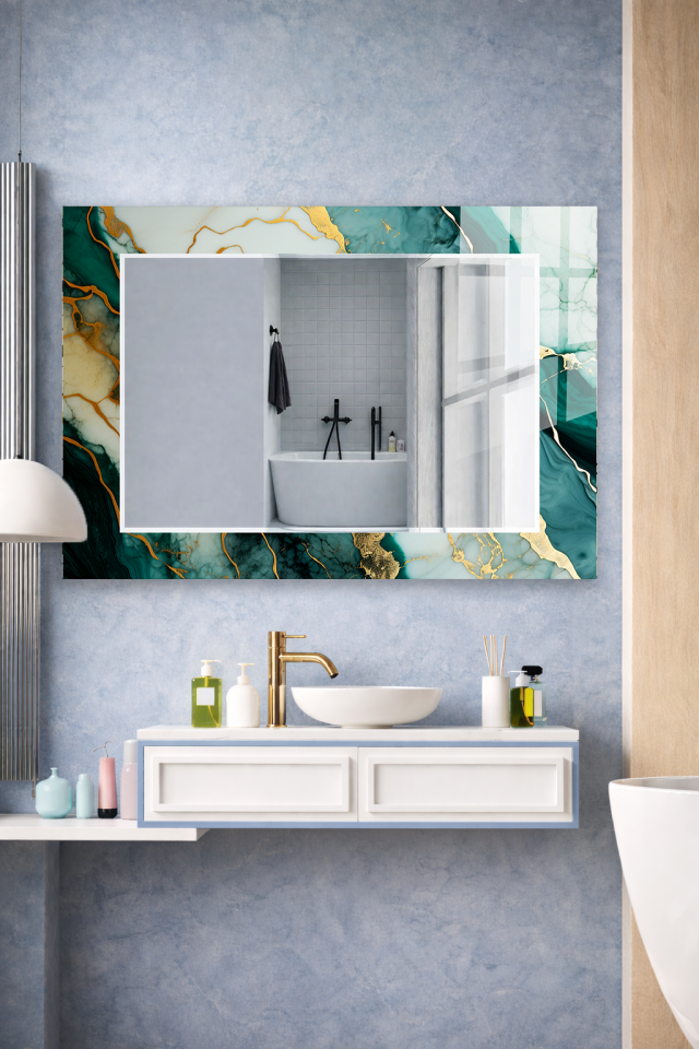 HEM TABLO HEM AYNA TURKUAZ MERMER ALTIN DAMAR CAM DUVAR AYNASI EV DEKORU