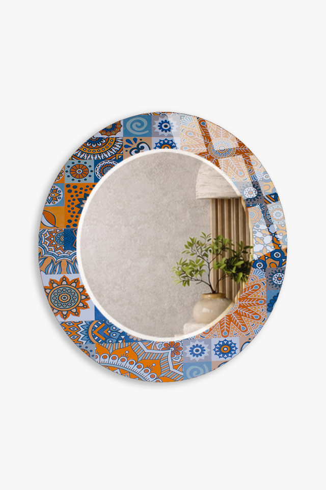 HEM TABLO HEM AYNA TURUNCU MAVİ MANDALA PATCHWORK DESEN CAM DUVAR AYNASI EV DEKORU