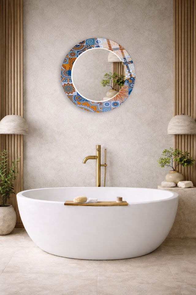 HEM TABLO HEM AYNA TURUNCU MAVİ MANDALA PATCHWORK DESEN CAM DUVAR AYNASI EV DEKORU