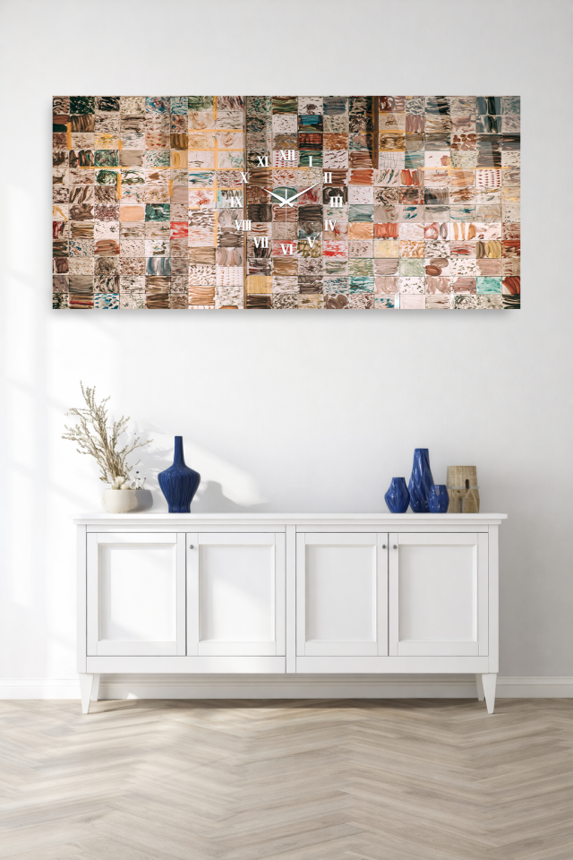 KIRILMAZ CAM DUVAR SAATİ , HEM TABLO HEM SAAT SANATSAL MOZAİK DESEN EV OFİS HEDİYESİ