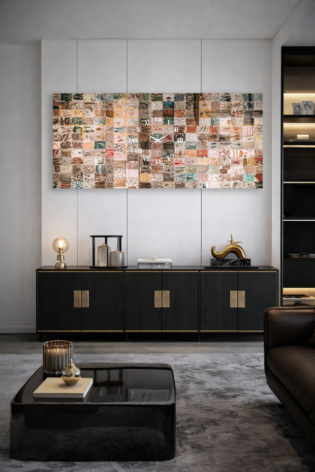 KIRILMAZ CAM DUVAR SAATİ , HEM TABLO HEM SAAT SANATSAL MOZAİK DESEN EV OFİS HEDİYESİ