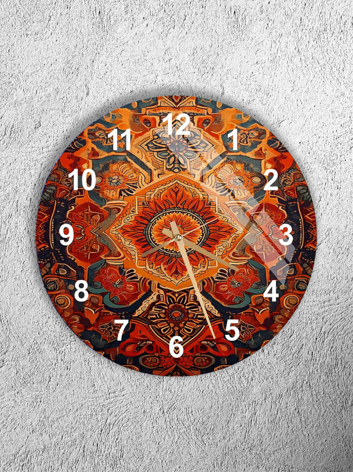KIRILMAZ CAM DUVAR SAATİ, HEM TABLO HEM SAAT TURUNCU ETNİK MANDALA DESEN EV OFİS HEDİYESİ