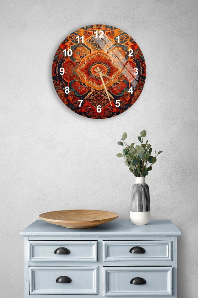 KIRILMAZ CAM DUVAR SAATİ, HEM TABLO HEM SAAT TURUNCU ETNİK MANDALA DESEN EV OFİS HEDİYESİ