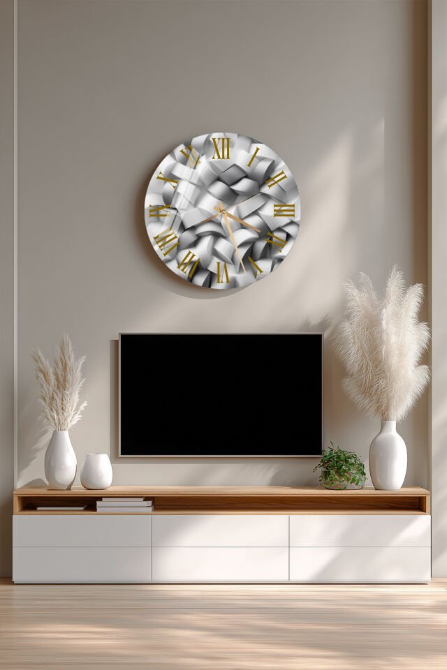 KIRILMAZ CAM DUVAR SAATİ, HEM TABLO HEM SAAT BEYAZ SOYUT 3D MODERN TASARIM EV OFİS HEDİYESİ