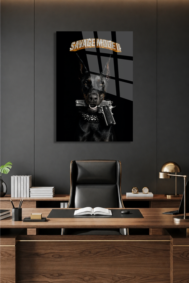 KIRILMAZ CAM TABLO, SİYAH DOBERMAN SAVAGE MODE TEMALI MODERN DİKEY TASARIM EV OFİS HEDİYESİ