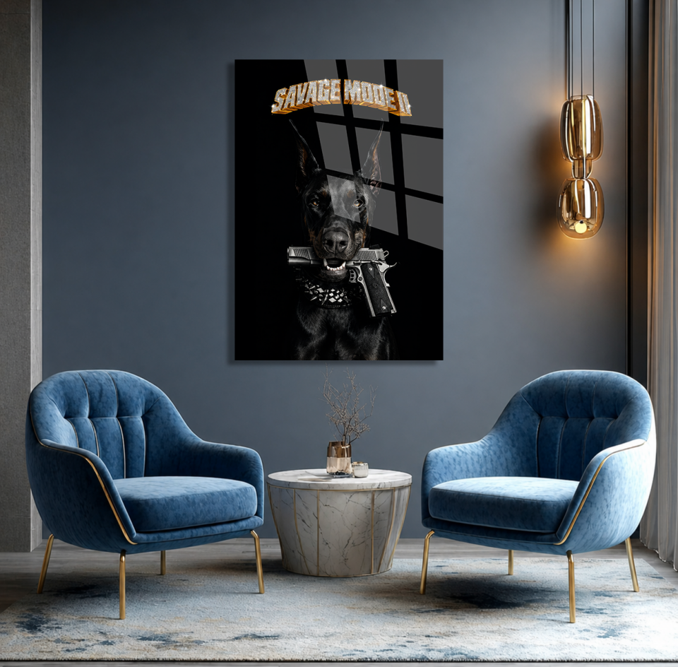 KIRILMAZ CAM TABLO, SİYAH DOBERMAN SAVAGE MODE TEMALI MODERN DİKEY TASARIM EV OFİS HEDİYESİ