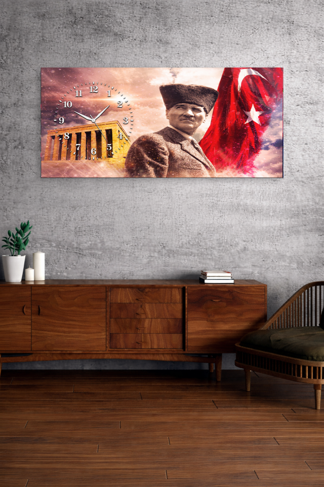 KIRILMAZ CAM DUVAR SAATİ , HEM TABLO HEM SAAT ATATÜRK VE TÜRK BAYRAĞI EV OFİS HEDİYESİ