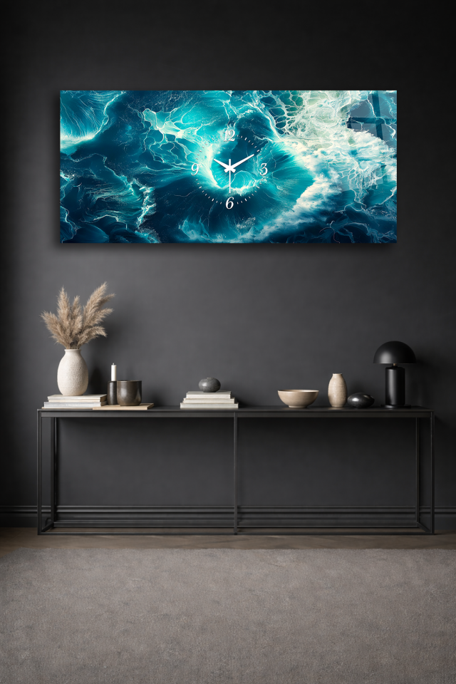 KIRILMAZ CAM DUVAR SAATİ , HEM TABLO HEM SAAT TURKUAZ OKYANUS DALGA DERİNLİK EV OFİS HEDİYESİ