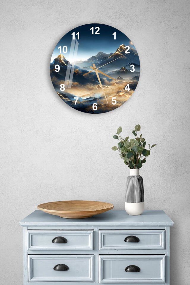 KIRILMAZ CAM DUVAR SAATİ, HEM TABLO HEM SAAT DAĞ MANZARASI DOĞA TEMALI EV OFİS HEDİYESİ