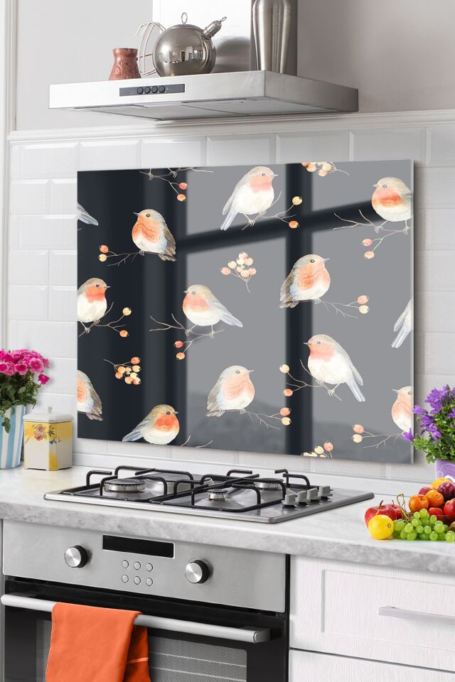 Siyah - Premium Mutfak Cam Ocak Arkası Koruyucu Tezgah Ankastre Arkası Koruyucu | Kuşlar Siyah Turuncu