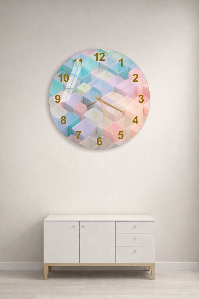 KIRILMAZ CAM DUVAR SAATİ, HEM TABLO HEM SAAT PASTEL RENK 3D KÜP DESEN EV OFİS HEDİYESİ