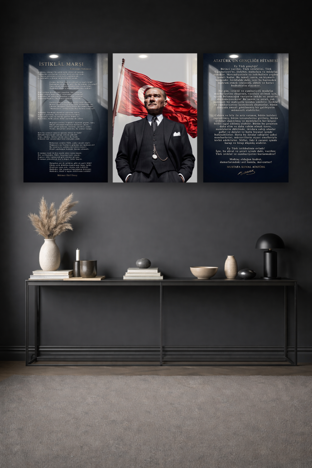 ATATÜRK İSTİKLAL MARŞI GENÇLİĞE HİTABE 3 PARÇA CAM TABLO OKUL OFİS SETİ