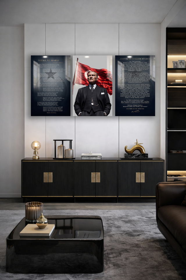 ATATÜRK İSTİKLAL MARŞI GENÇLİĞE HİTABE 3 PARÇA CAM TABLO OKUL OFİS SETİ