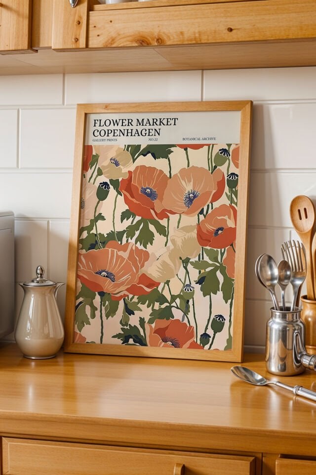 DOĞAL AHŞAP - Doğal Ahşap Çerçeveli Flower Market Copenhagen Tablosu – Romantik Gelincik Bahçesi