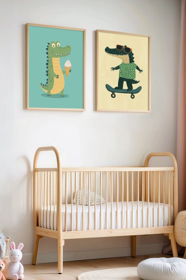 DOĞAL AHŞAP - 2'li Sevimli Timsahlar Çocuk Odası Ahşap Çerçeveli Duvar Tablosu