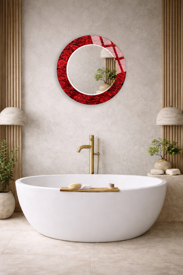 HEM TABLO HEM AYNA KIRMIZI GÜL DESEN CAM DUVAR AYNASI EV DEKORU