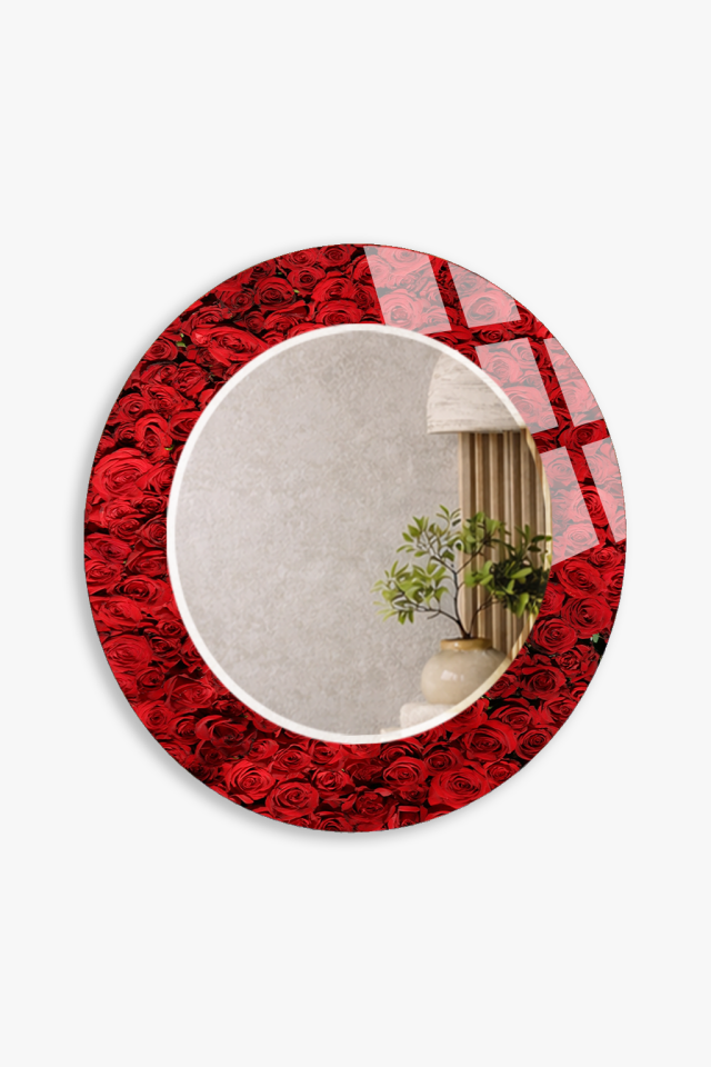 HEM TABLO HEM AYNA KIRMIZI GÜL DESEN CAM DUVAR AYNASI EV DEKORU