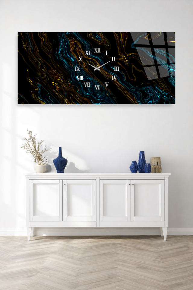 KIRILMAZ CAM DUVAR SAATİ , HEM TABLO HEM SAAT SİYAH ZEMİN MAVİ ALTIN MERMER DESEN EV OFİS HEDİYESİ