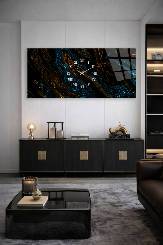KIRILMAZ CAM DUVAR SAATİ , HEM TABLO HEM SAAT SİYAH ZEMİN MAVİ ALTIN MERMER DESEN EV OFİS HEDİYESİ