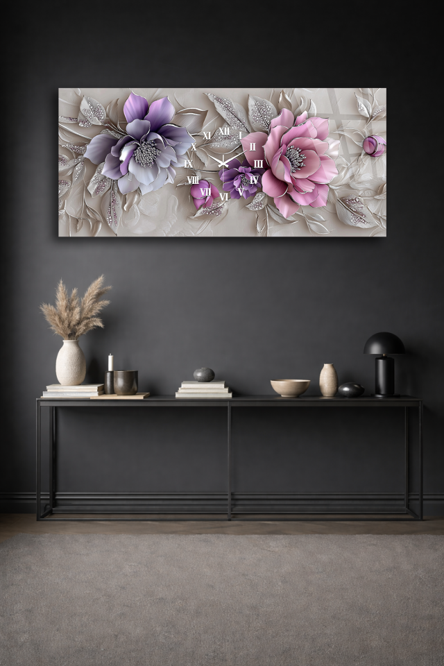 KIRILMAZ CAM DUVAR SAATİ , HEM TABLO HEM SAAT 3D ÇİÇEK KABARTMA PASTEL ŞIK EV OFİS HEDİYESİ