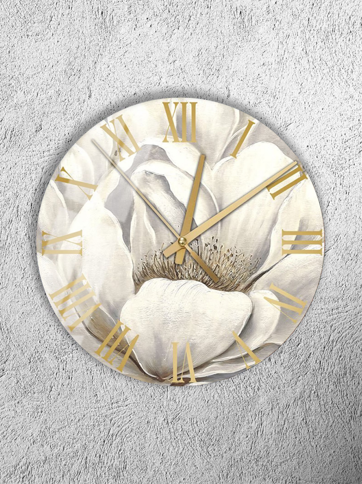 KIRILMAZ CAM DUVAR SAATİ, HEM TABLO HEM SAAT BEYAZ ÇİÇEK ALTIN ROMEN RAKAM EV OFİS HEDİYESİ