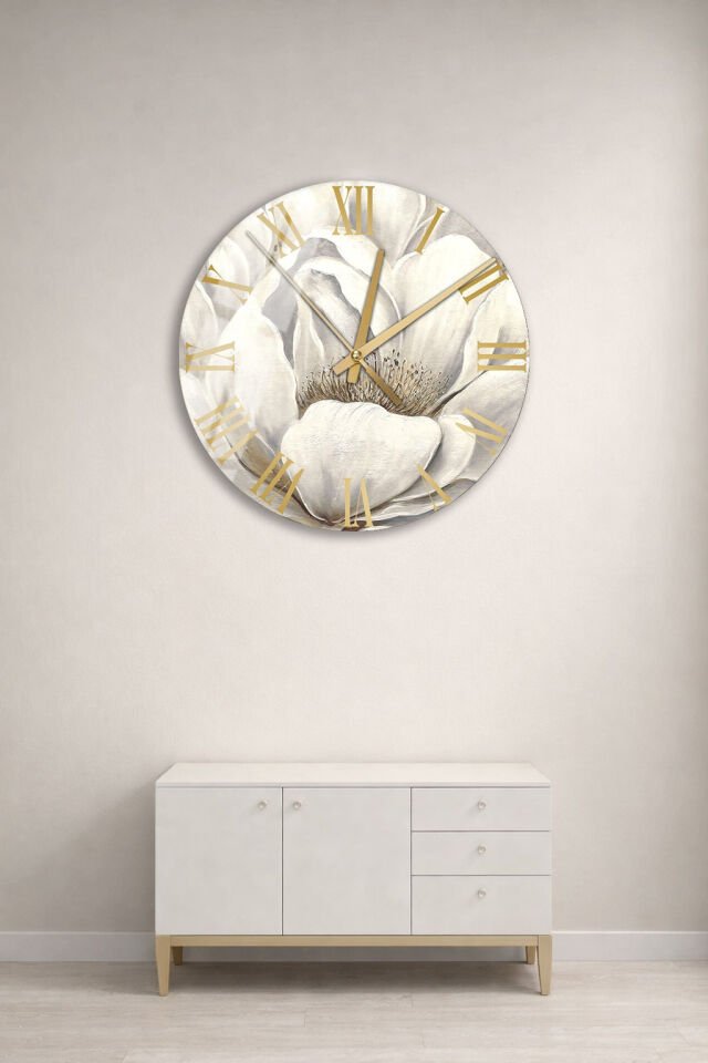 KIRILMAZ CAM DUVAR SAATİ, HEM TABLO HEM SAAT BEYAZ ÇİÇEK ALTIN ROMEN RAKAM EV OFİS HEDİYESİ