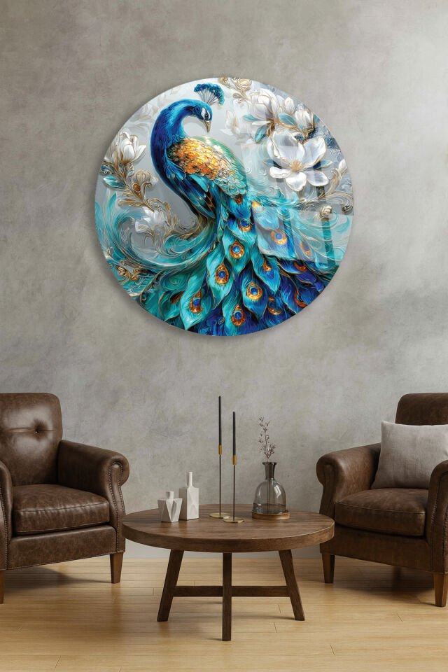 RENKLİ TAVUS KUŞU SANATI ZARİF DEKOR KIRILMAZ CAM TABLO Turkuaz