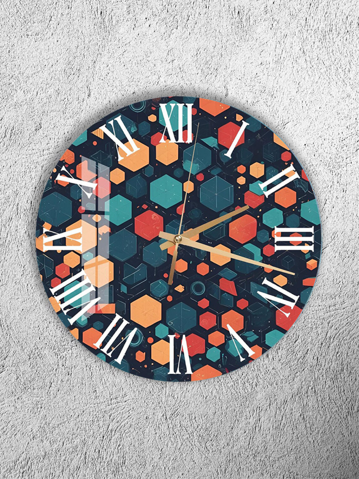 121.	KIRILMAZ CAM DUVAR SAATİ, HEM TABLO HEM SAAT RENKLİ ALTIGEN GEOMETRİK DESEN EV OFİS HEDİYESİ