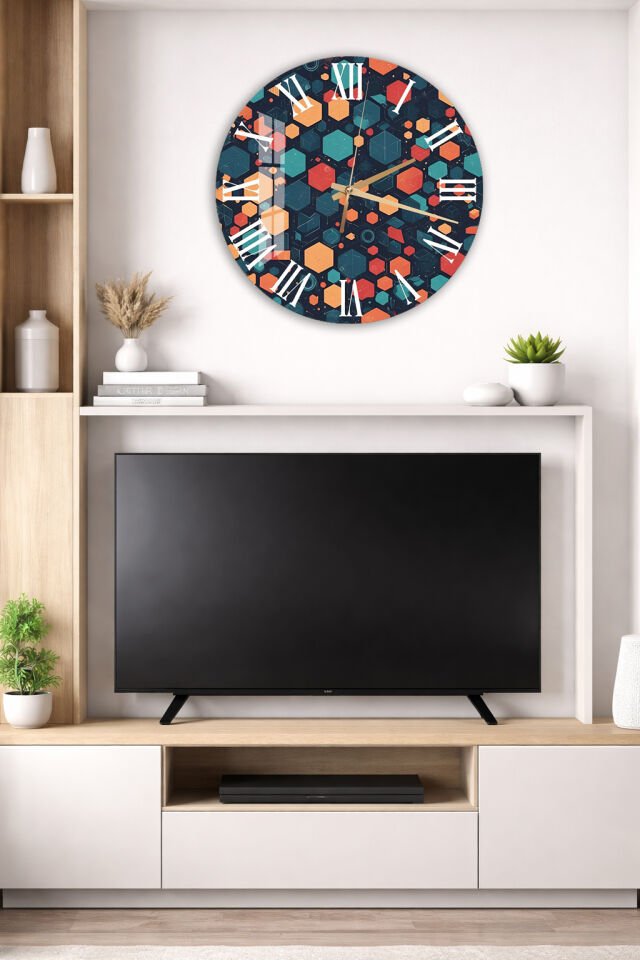 121.	KIRILMAZ CAM DUVAR SAATİ, HEM TABLO HEM SAAT RENKLİ ALTIGEN GEOMETRİK DESEN EV OFİS HEDİYESİ