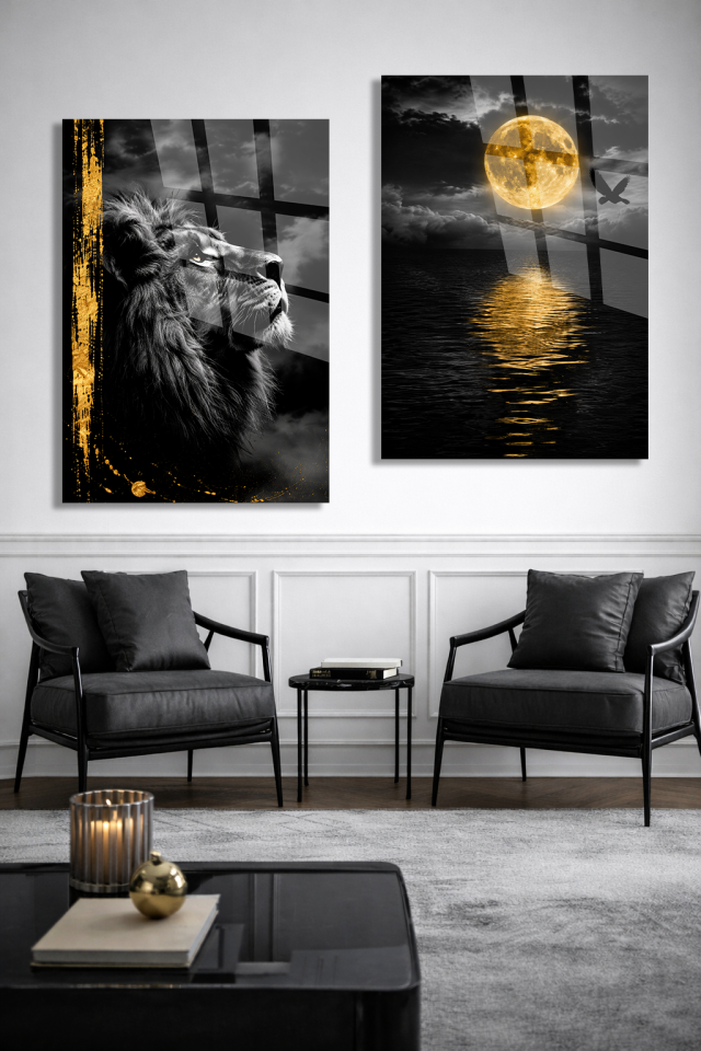 KIRILMAZ CAM TABLO, SİYAH GOLD ASLAN PORTRESİ VE  DENİZ MANZARALI DOLUNAY İKİLİ CAM TABLO LÜKS DEKORATİF TASARIM EV OFİS HEDİYESİ