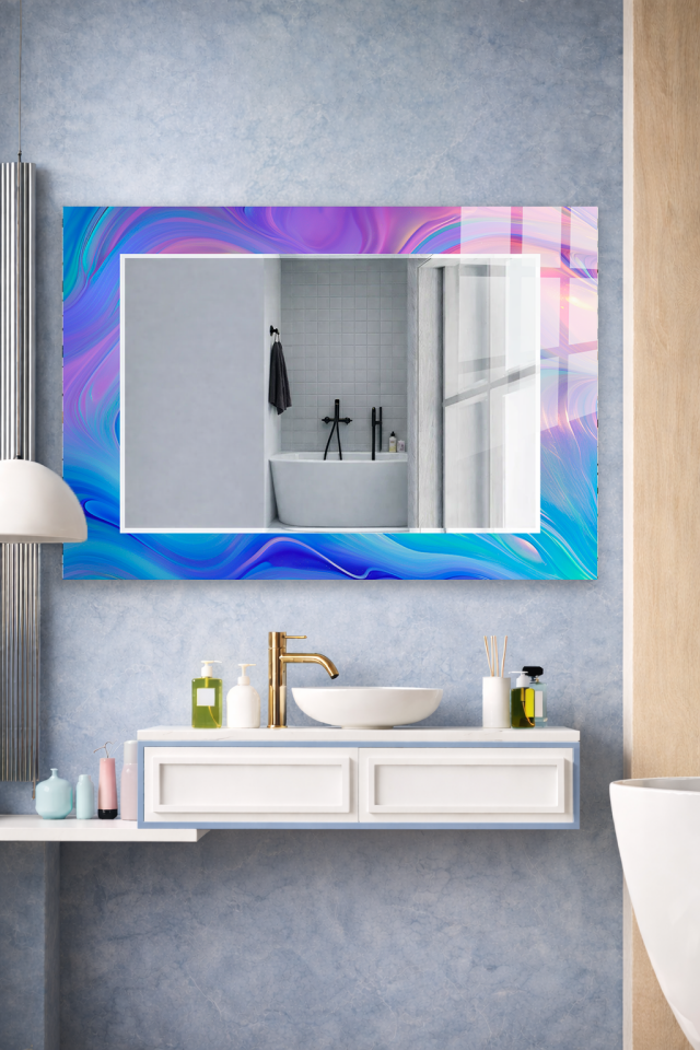 HEM TABLO HEM AYNA RENKLİ DALGA SOYUT SANAT CAM DUVAR AYNASI EV DEKORU
