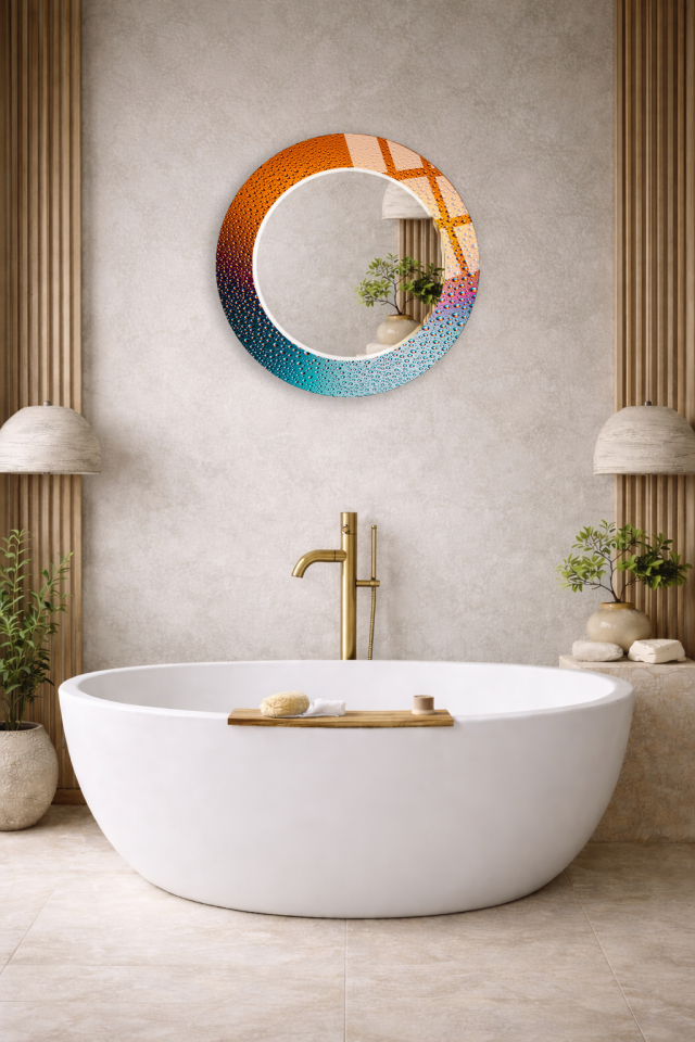 HEM TABLO HEM AYNA TURUNCU MAVİ SU DAMLASI EFEKT CAM DUVAR AYNASI EV DEKORU