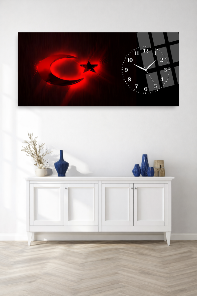 KIRILMAZ CAM DUVAR SAATİ , HEM TABLO HEM SAAT KIRMIZI AY YILDIZ MODERN TASARIM EV OFİS HEDİYESİ