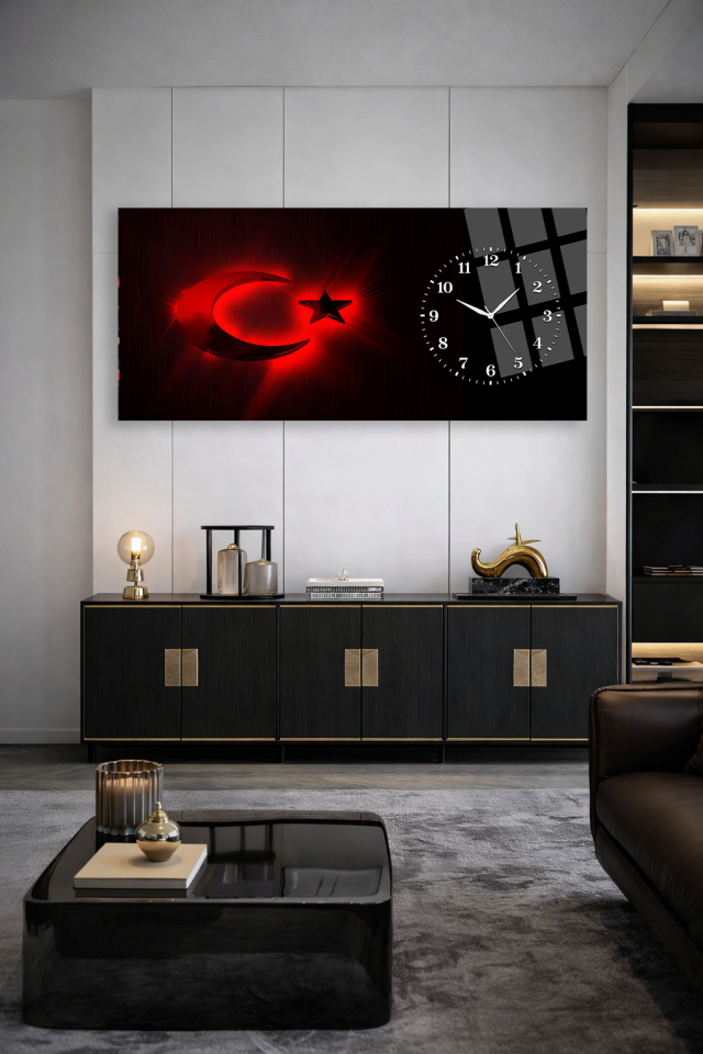 KIRILMAZ CAM DUVAR SAATİ , HEM TABLO HEM SAAT KIRMIZI AY YILDIZ MODERN TASARIM EV OFİS HEDİYESİ