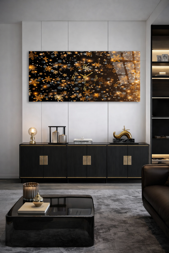 KIRILMAZ CAM DUVAR SAATİ , HEM TABLO HEM SAAT ALTIN KAR TANESİ SİYAH ZEMİN LÜKS EV OFİS HEDİYESİ